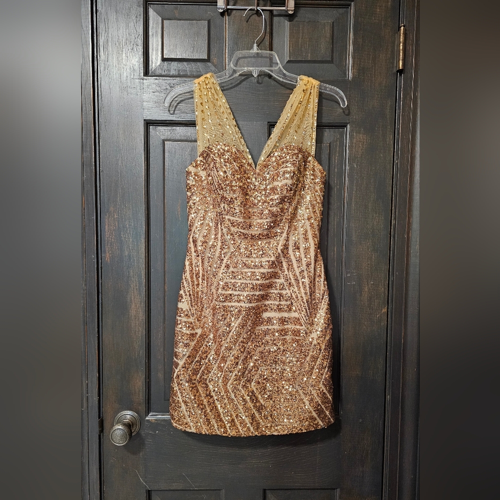 Gold and Cream Sequin Embellished V-Neck Cocktail Dress